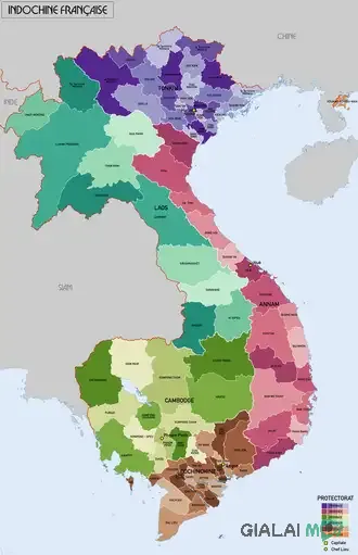 Bản đồ hành chính Đông Dương thuộc Pháp năm 1930 thể hiện vị trí của tỉnh Mang Yang sau này là Gia Lai